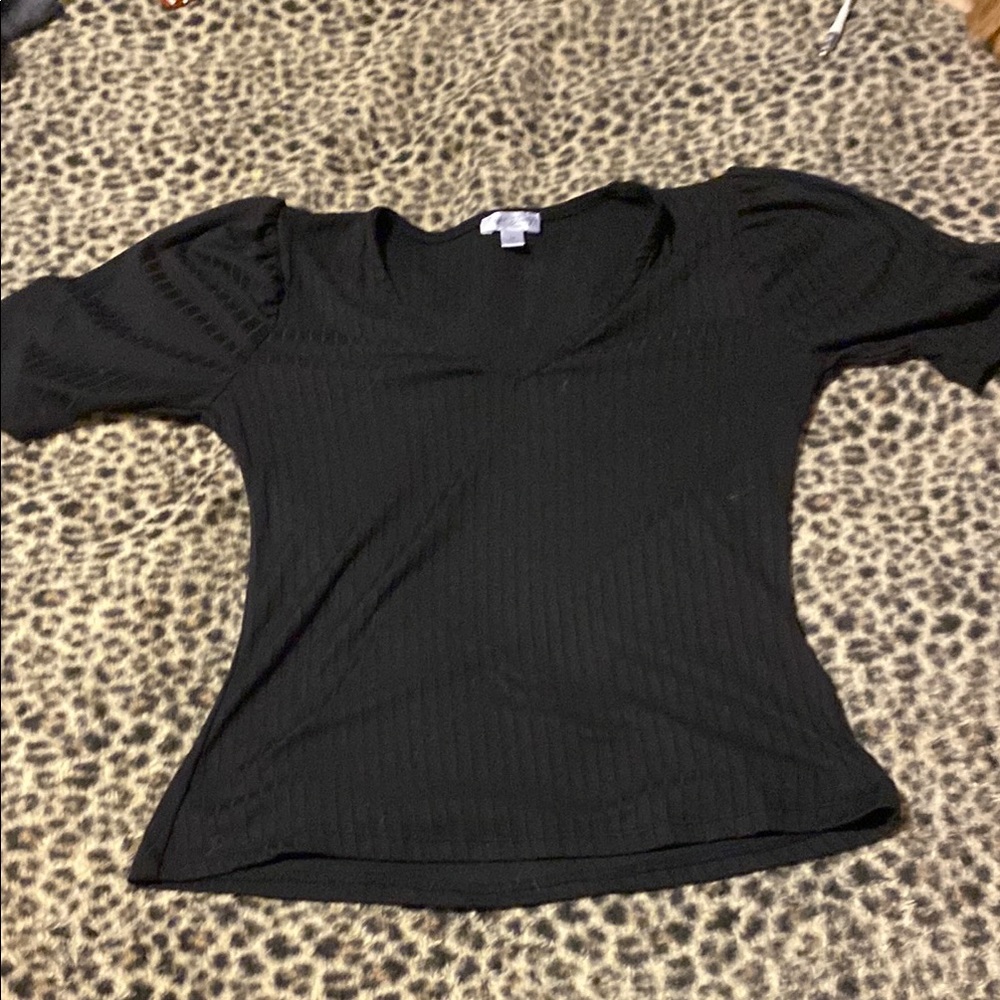 J for Justify Black Fitted Ribbed Short Sleeve Blouse